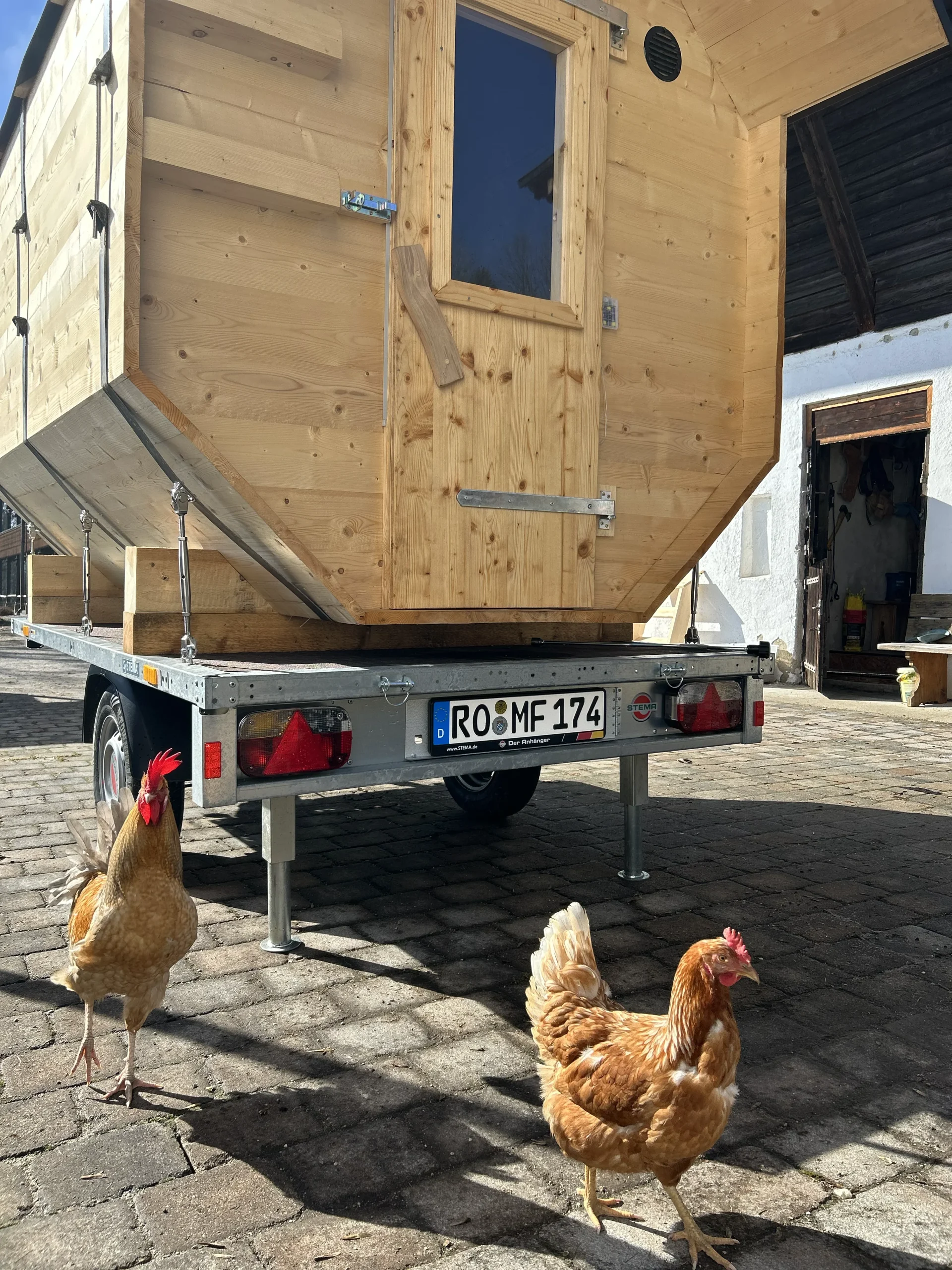 Mobile Fasssauna mit vorbeilaufenden Hühnern